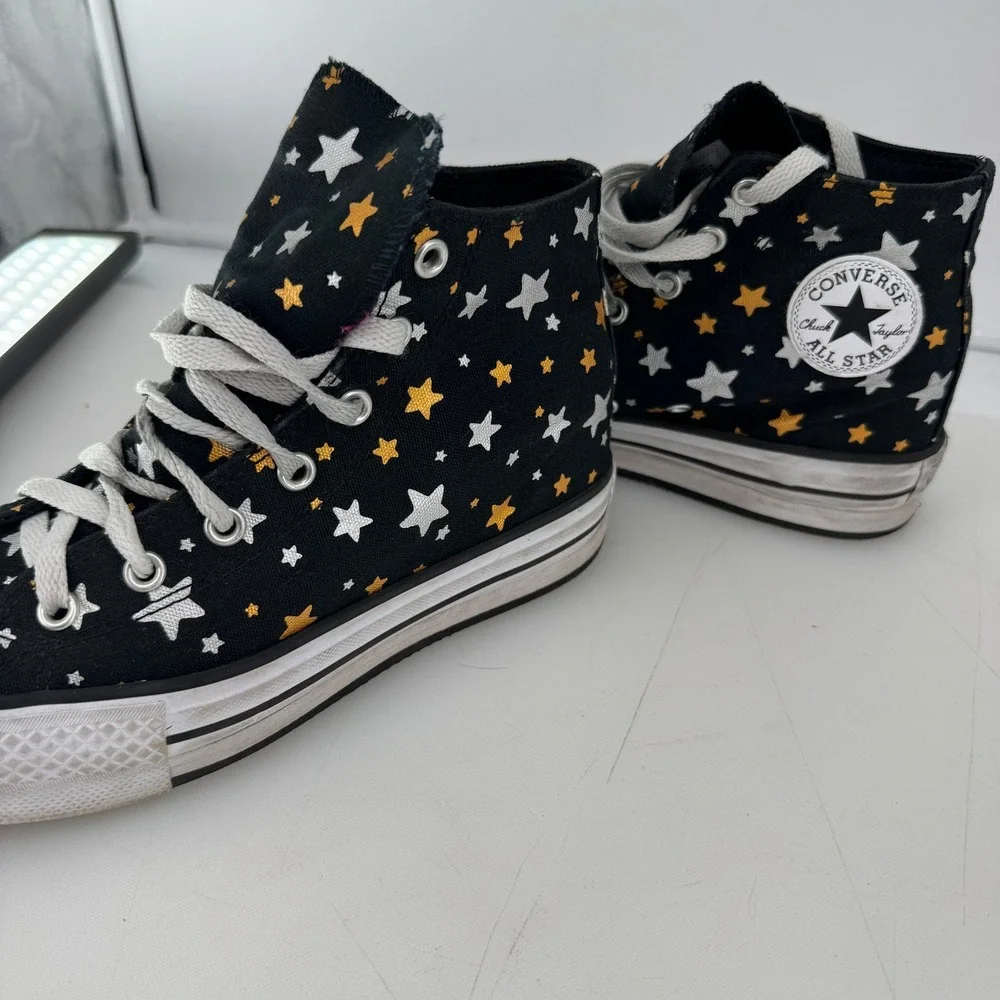 Converse Chuck Taylor Platform High Top Youth 4 Black Metallic Stars A05528C